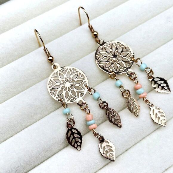 Yellow Gold with Green and Peach Beaded Boho Style Dream Catcher Hook Earrings - Picture 6 of 8